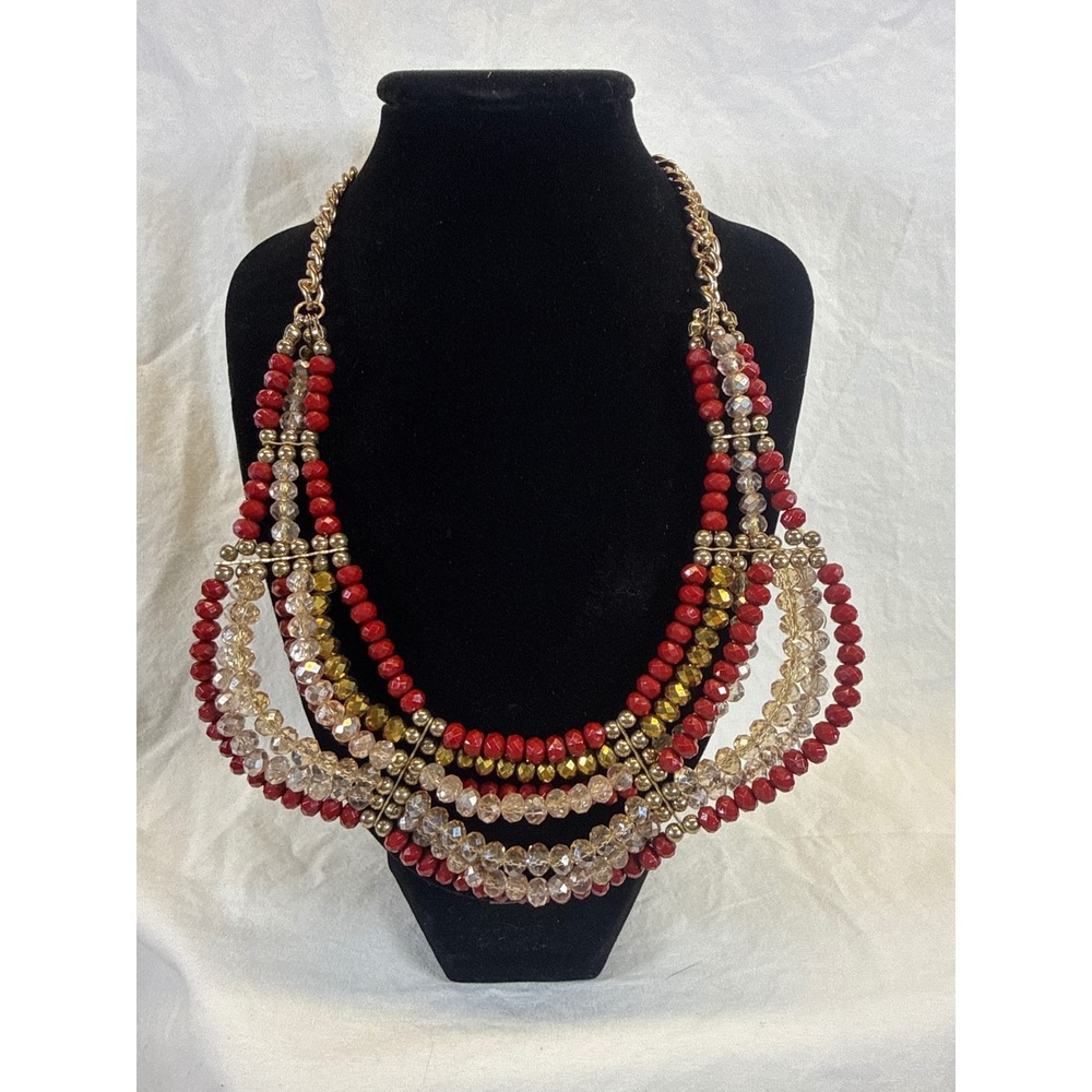 Red Champagne Gold Multi Strand Beaded Statement Necklace Bib Gold Tone Chain